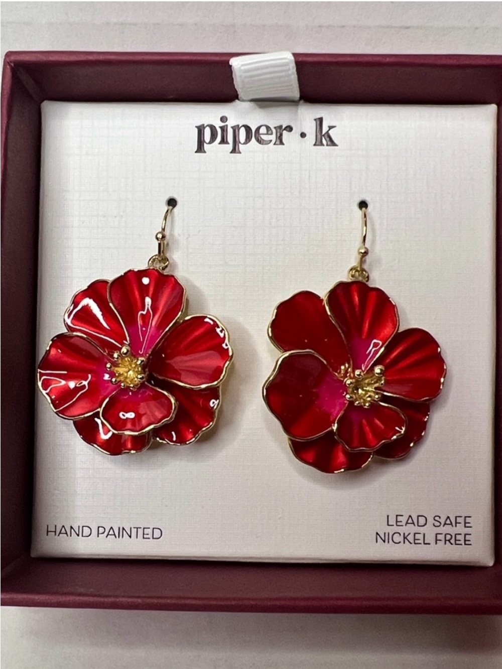 piper·k Red Hand-Painted Flower Drop Earrings